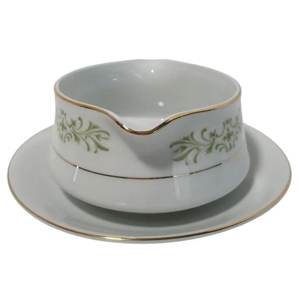 Allergo Fine China Green Scrolls White Gold Trim Gravy Boat With Attached Plate